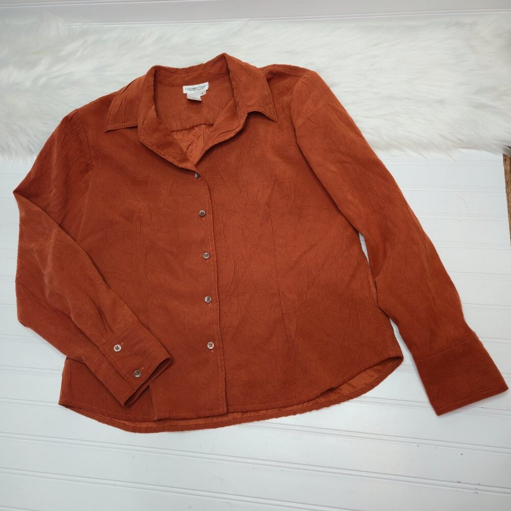 Vintage Coldwater Creek Women's Large Orange Button Down Creped Blouse Blazer